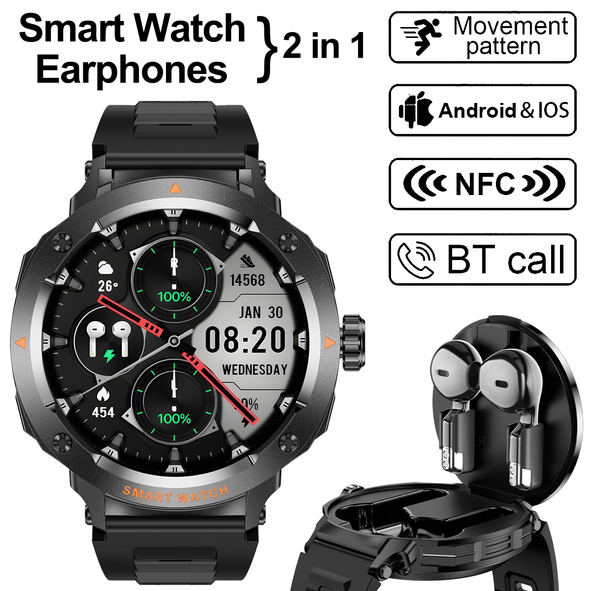 NFC Smart Watch Wireless Earph - Earbuds Charging Case avis et prix